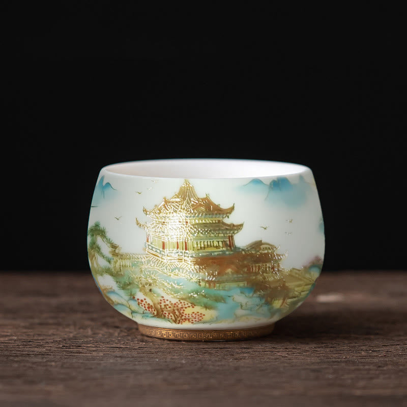 Buddha Stones、鳳凰、龍、蓮、鹿、古代建築、鯉、陶器のティーカップ、カンフーティーカップ