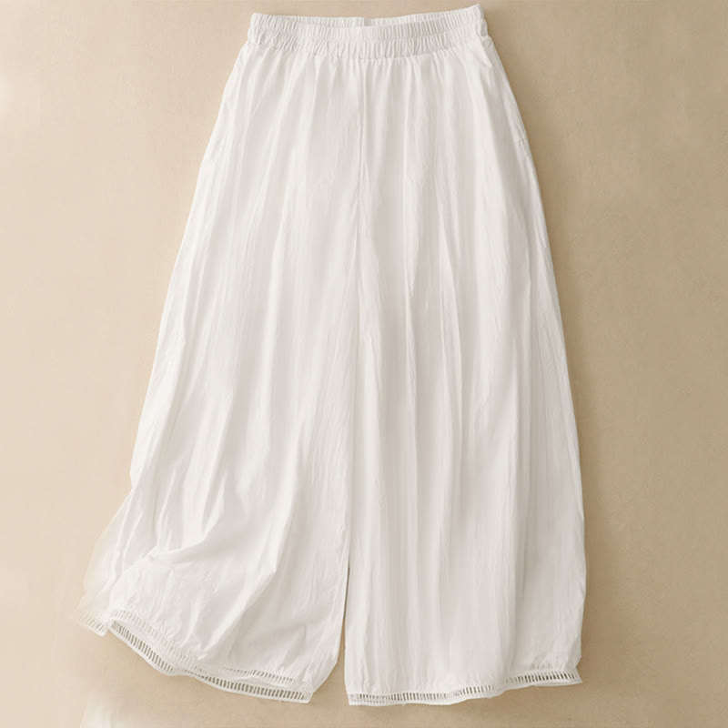 Buddha Stonesカジュアルヘムホローデザイン レディース コットン 7-8丈 ワイドレッグパンツ ポケット付き - 白 - US8-10，UK/AU12-14，EU40-42 (2XL) - image 9