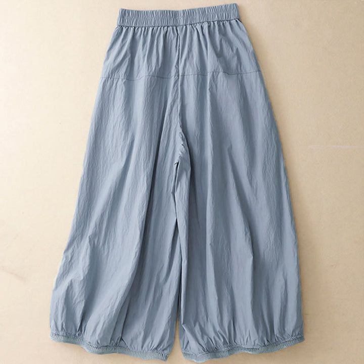 Buddha Stonesカジュアルヘムホローデザイン レディース コットン 7-8丈 ワイドレッグパンツ ポケット付き