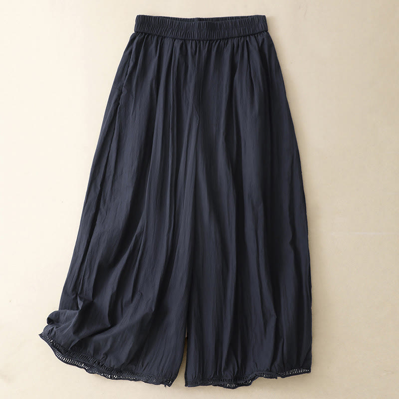 Buddha Stonesカジュアルヘムホローデザイン レディース コットン 7-8丈 ワイドレッグパンツ ポケット付き