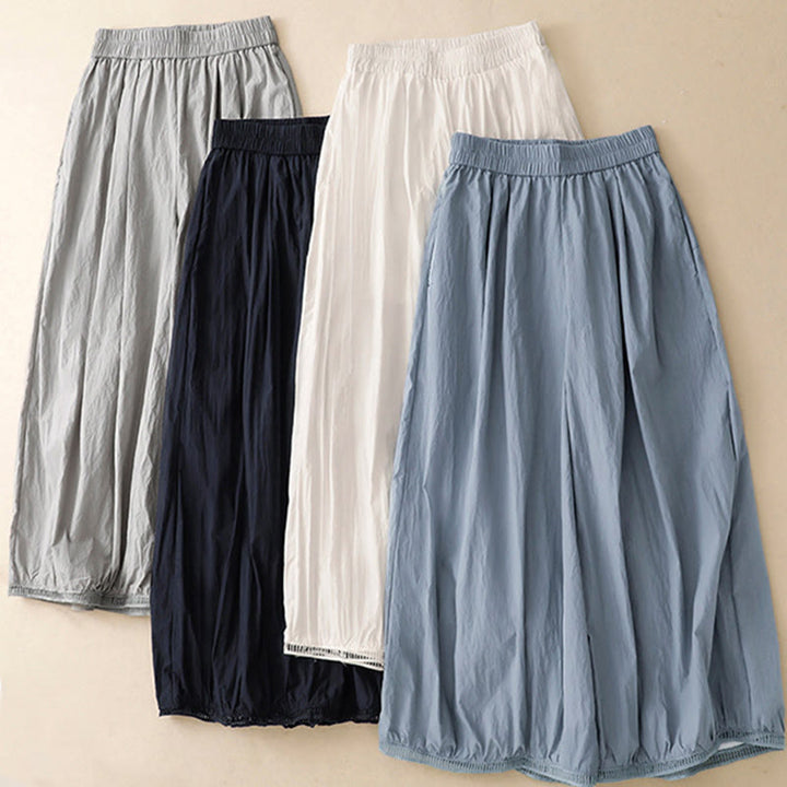 Buddha Stonesカジュアルヘムホローデザイン レディース コットン 7-8丈 ワイドレッグパンツ ポケット付き