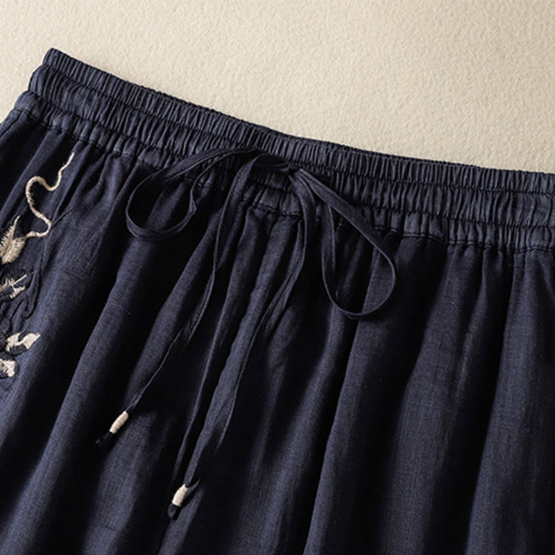 Buddha Stones通勤用刺繍ドローストリングレディースコットンワイドレッグパンツ（ポケット付き）
