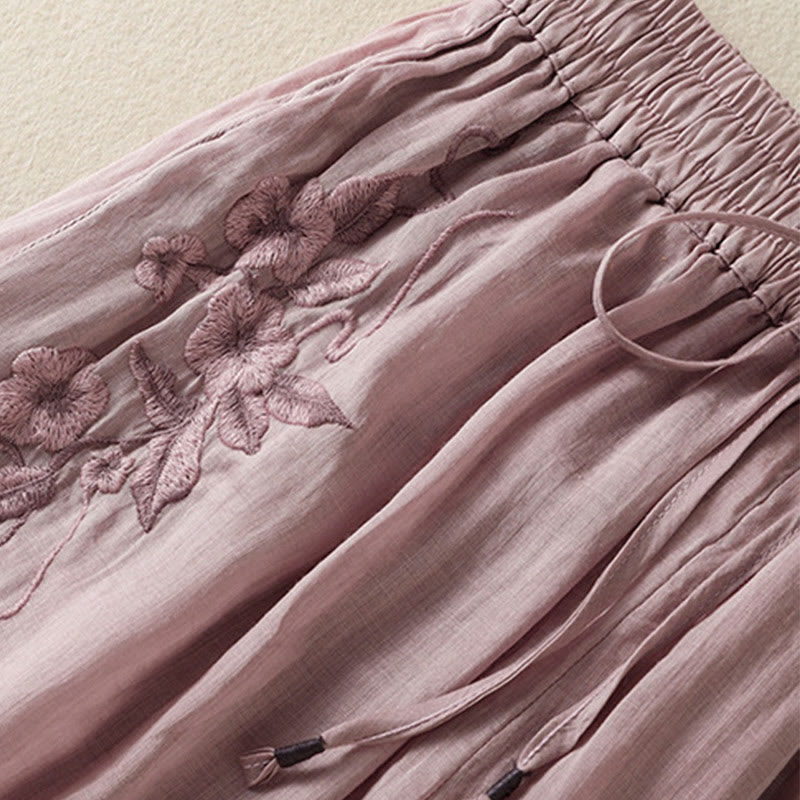 Buddha Stones通勤用刺繍ドローストリングレディースコットンワイドレッグパンツ（ポケット付き） - image 37