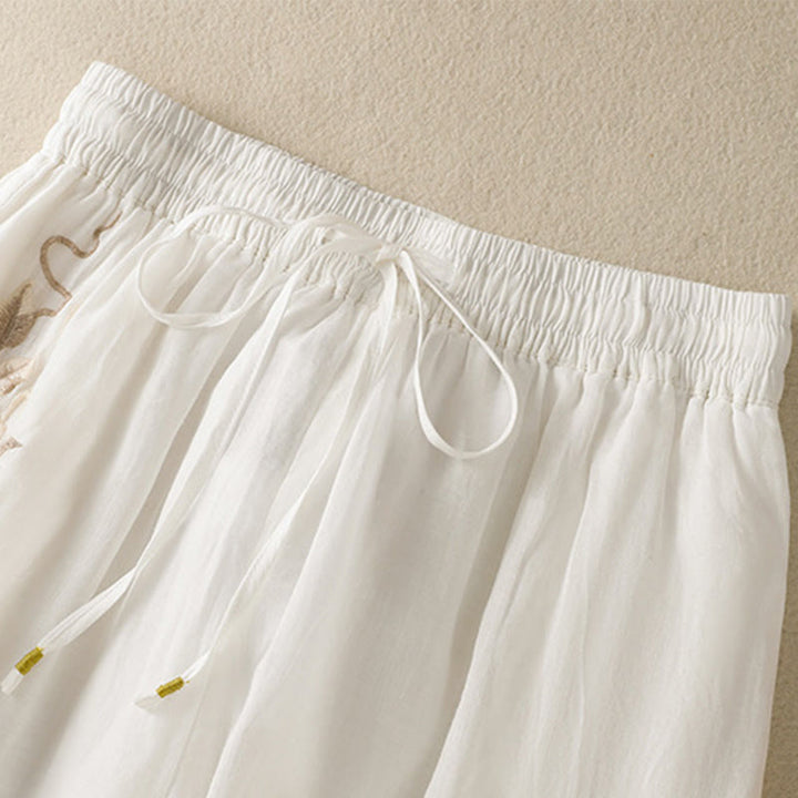 Buddha Stones通勤用刺繍ドローストリングレディースコットンワイドレッグパンツ（ポケット付き） - image 27