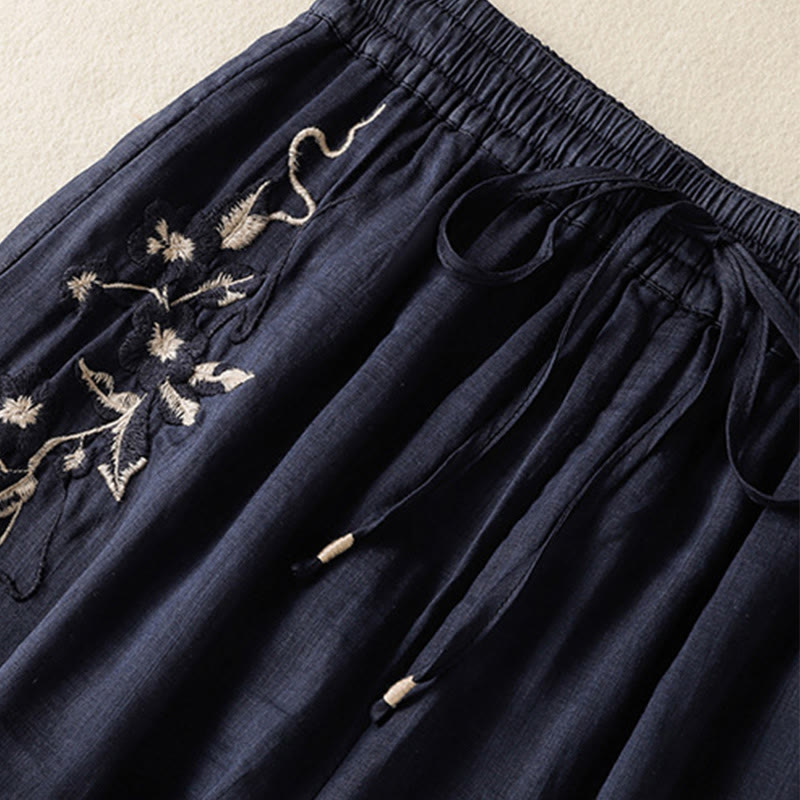 Buddha Stones通勤用刺繍ドローストリングレディースコットンワイドレッグパンツ（ポケット付き）