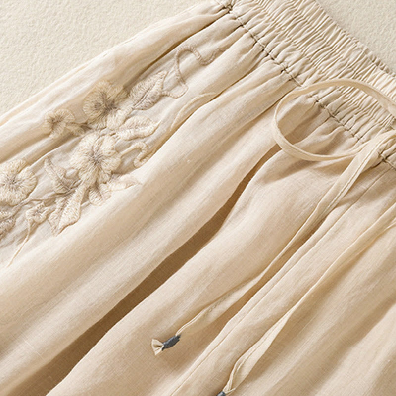 Buddha Stones通勤用刺繍ドローストリングレディースコットンワイドレッグパンツ（ポケット付き） - image 12