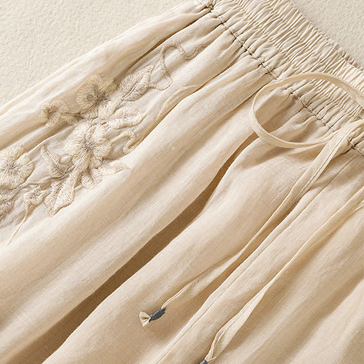 Buddha Stones通勤用刺繍ドローストリングレディースコットンワイドレッグパンツ（ポケット付き） - image 12