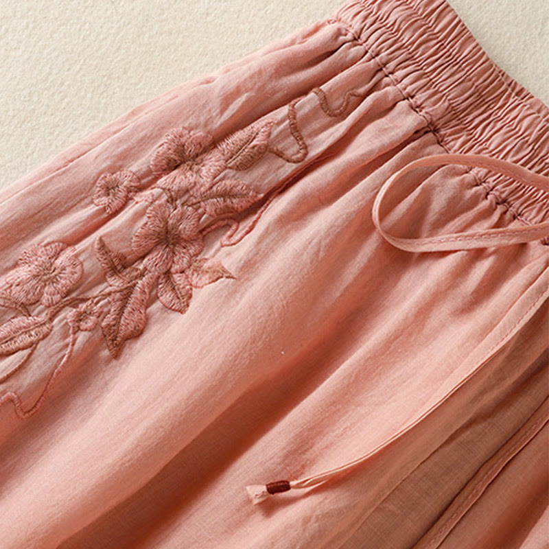 Buddha Stones通勤用刺繍ドローストリングレディースコットンワイドレッグパンツ（ポケット付き） - image 23