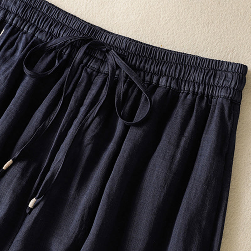 Buddha Stones通勤用刺繍ドローストリングレディースコットンワイドレッグパンツ（ポケット付き） - image 2