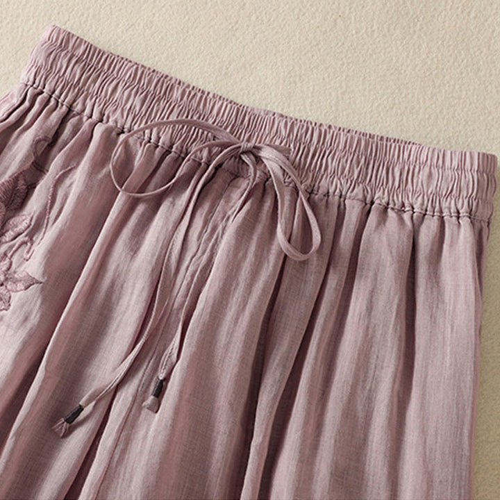 Buddha Stones通勤用刺繍ドローストリングレディースコットンワイドレッグパンツ（ポケット付き） - image 36