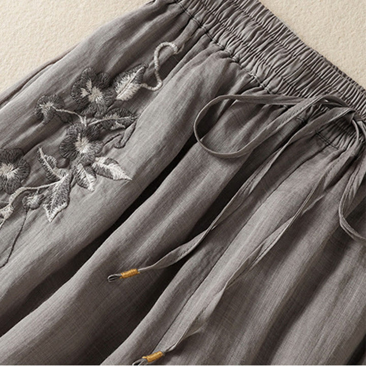 Buddha Stones通勤用刺繍ドローストリングレディースコットンワイドレッグパンツ（ポケット付き） - image 46