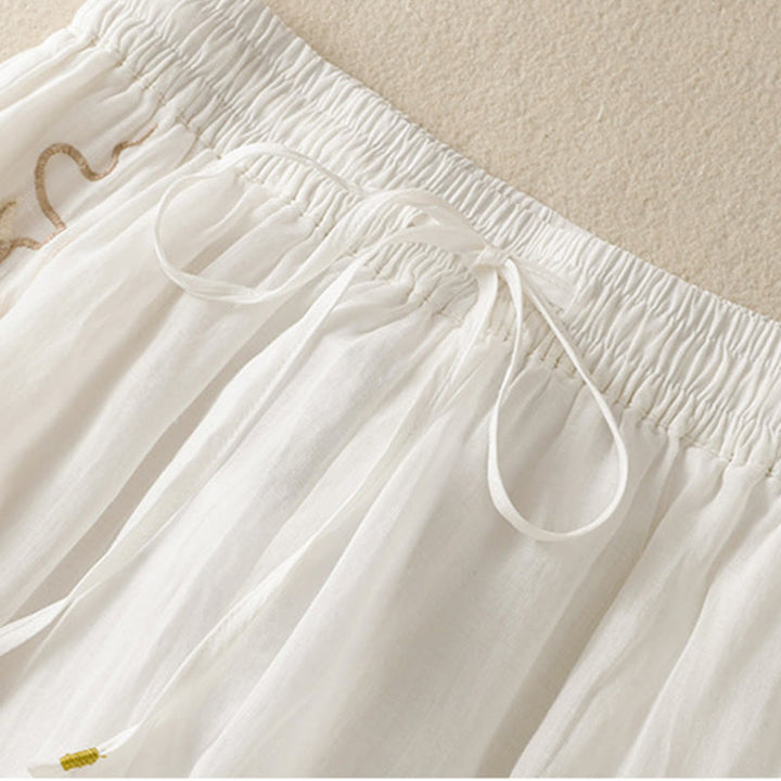 Buddha Stones通勤用刺繍ドローストリングレディースコットンワイドレッグパンツ（ポケット付き） - image 28