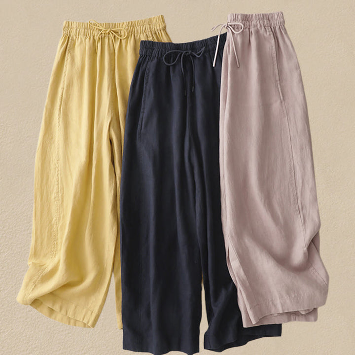 Buddha Stonesヴィンテージ ピュアカラー ドローストリング レディース コットンリネン アンクル丈パンツ ポケット付き