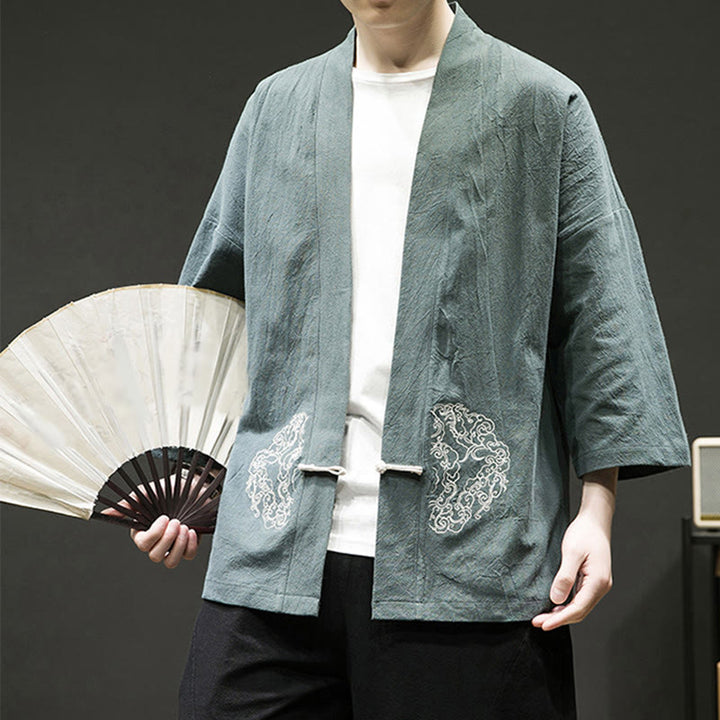 Buddha Stones中国風 カエルボタンデザイン オープンフロントジャケット メンズ コットンリネン 長袖 着物 - image 6