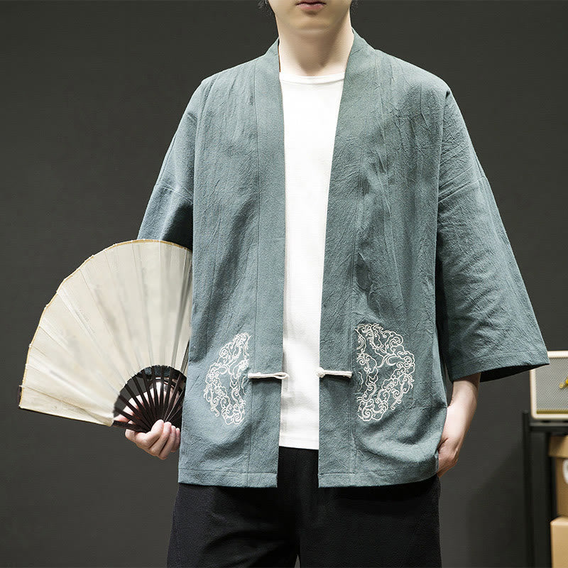 Buddha Stones中国風 カエルボタンデザイン オープンフロントジャケット メンズ コットンリネン 長袖 着物 - ライトシーグリーン - US/UK/AU46、 EU56 (5XL) - image 5