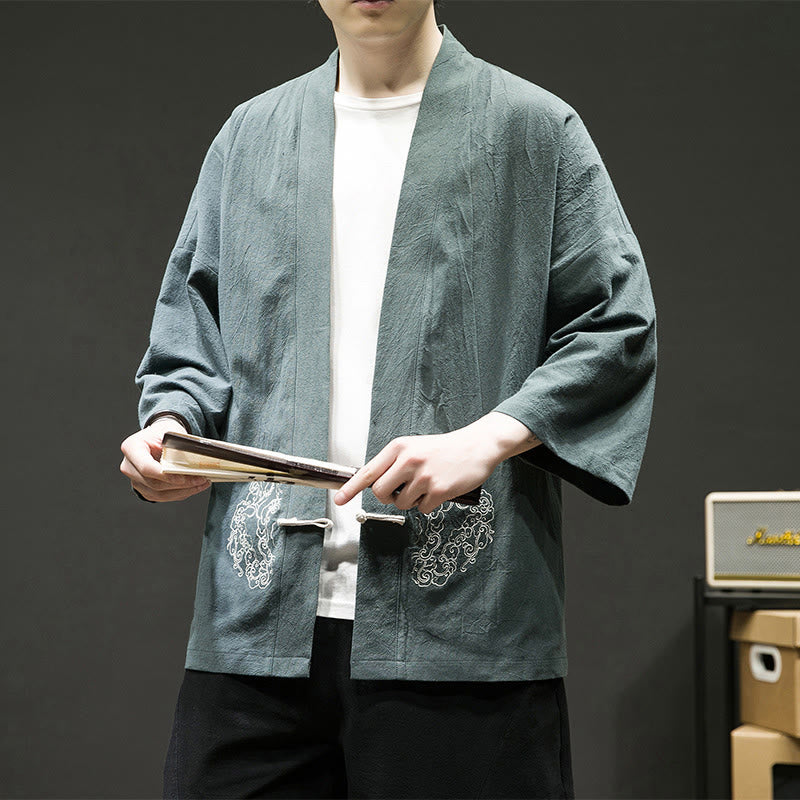 Buddha Stones中国風 カエルボタンデザイン オープンフロントジャケット メンズ コットンリネン 長袖 着物 - image 7