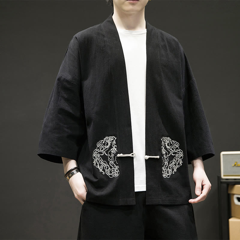 Buddha Stones中国風 カエルボタンデザイン オープンフロントジャケット メンズ コットンリネン 長袖 着物 - image 2