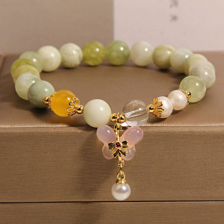 Buddha Stones 天然バタフライサーペンティン翡翠燕元瑪瑙幸運ブレスレット - 蛇紋石翡翠（手首周り：16～18cm） - image 0