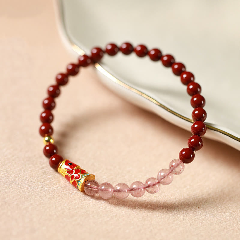 Buddha Stones 天然辰砂ピンククリスタルストロベリークォーツの幸運の鯉の良縁祈願ブレスレット - image 1