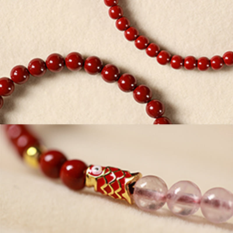 Buddha Stones 天然辰砂ピンククリスタルストロベリークォーツの幸運の鯉の良縁祈願ブレスレット - image 16