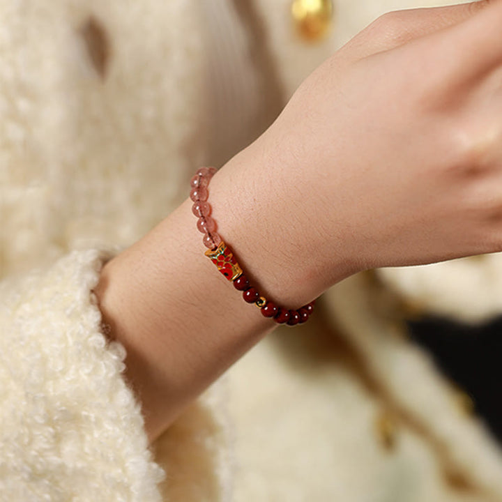 Buddha Stones 天然辰砂ピンククリスタルストロベリークォーツの幸運の鯉の良縁祈願ブレスレット - image 4