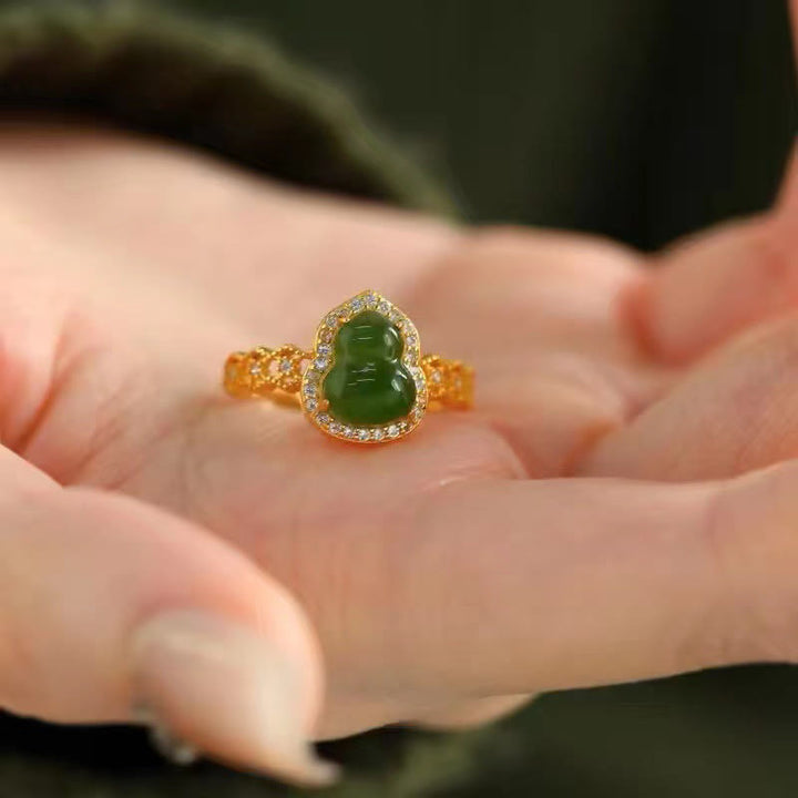 Buddha Stonesヴィンテージ ひょうたん型 グリーンカルセドニー 銅メッキ ゴールド 調節可能 富の指輪