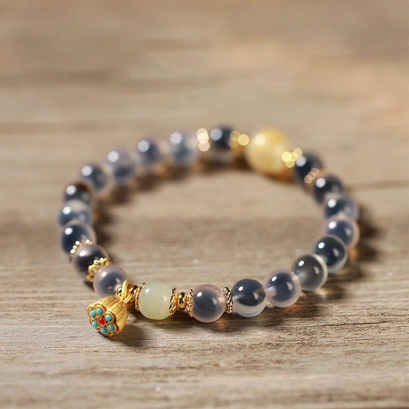 Buddha Stones天然 カラフル キャンディアゲート ゴールデン ロータスポッド ヒーリングブレスレット - image 13