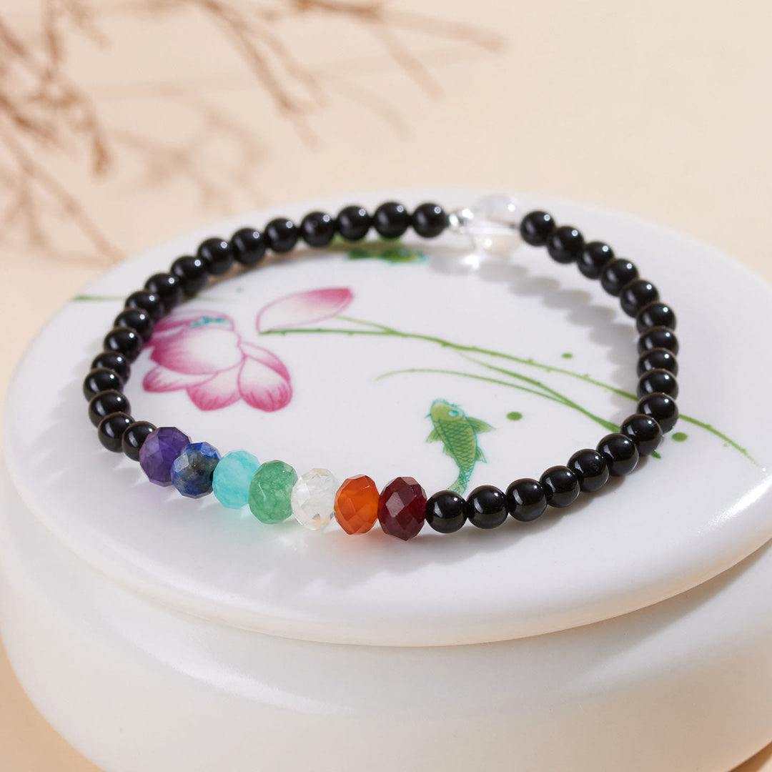 Buddha Stones極細4mmブラックトルマリン カラフルストーンブレスレット - image 3