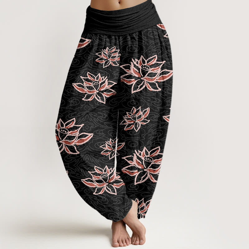 Buddha Stonesカジュアル ロータスライン柄 レディース 伸縮性ウエスト ハーレムパンツ - 黒 - US22、 UK/AU26、 EU54 (6XL) - image 1