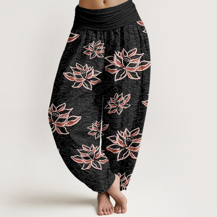 Buddha Stonesカジュアル ロータスライン柄 レディース 伸縮性ウエスト ハーレムパンツ - 黒 - US22、 UK/AU26、 EU54 (6XL) - image 1