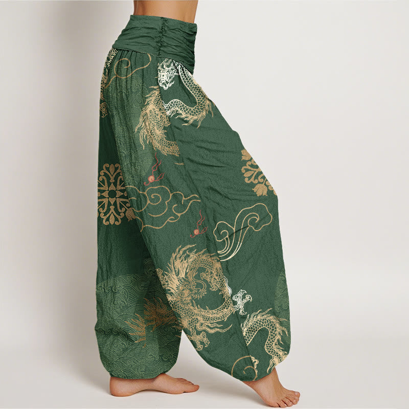 Buddha Stonesカジュアル金龍と吉兆雲柄レディース伸縮性ウエストハーレムパンツ - image 2