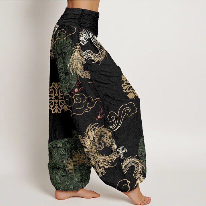 Buddha Stonesカジュアル金龍と吉兆雲柄レディース伸縮性ウエストハーレムパンツ - image 6