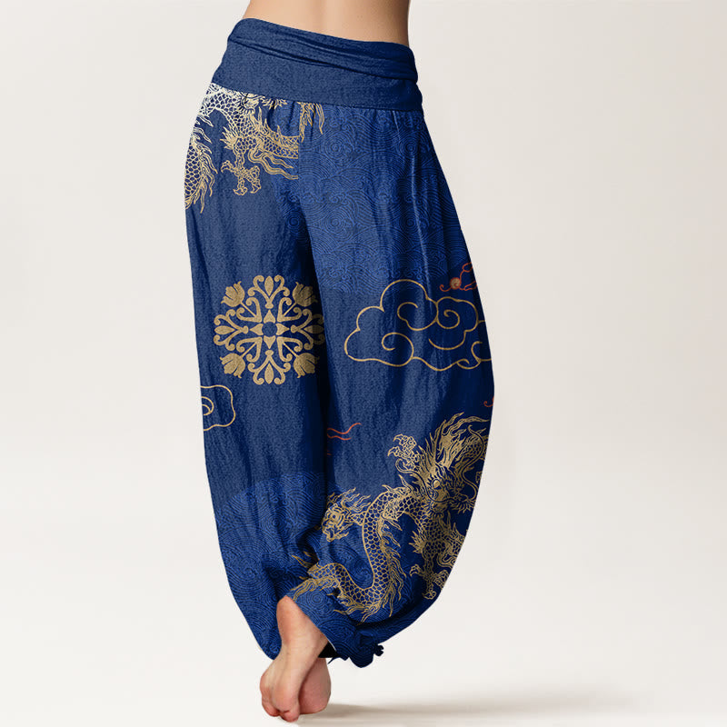 Buddha Stonesカジュアル金龍と吉兆雲柄レディース伸縮性ウエストハーレムパンツ - image 10