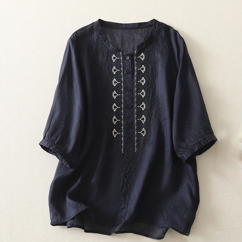Buddha Stonesの対称刺繍コットンリネンレディース半袖シャツ - ミッドナイトブルー - US8-10，UK/AU12-14，EU40-42 (2XL) - image 1