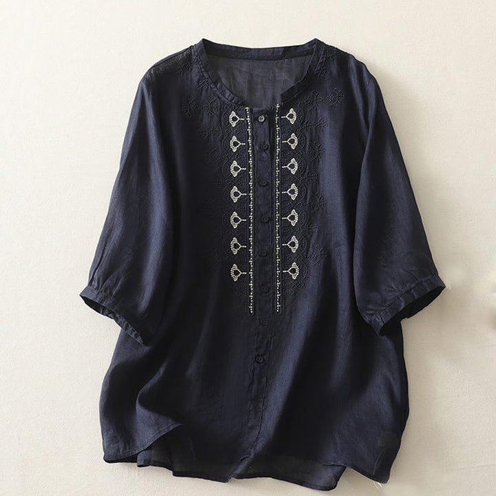 Buddha Stonesの対称刺繍コットンリネンレディース半袖シャツ - ミッドナイトブルー - US8-10，UK/AU12-14，EU40-42 (2XL) - image 1