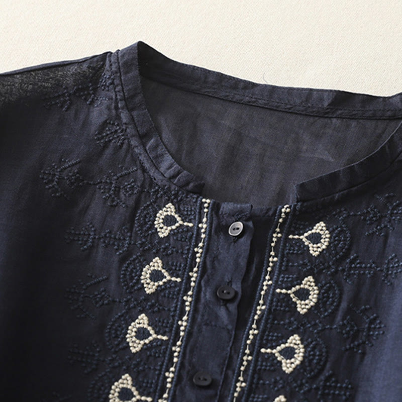 Buddha Stonesの対称刺繍コットンリネンレディース半袖シャツ - image 3