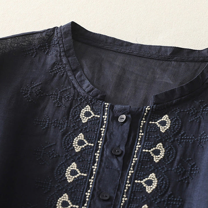 Buddha Stonesの対称刺繍コットンリネンレディース半袖シャツ - image 3