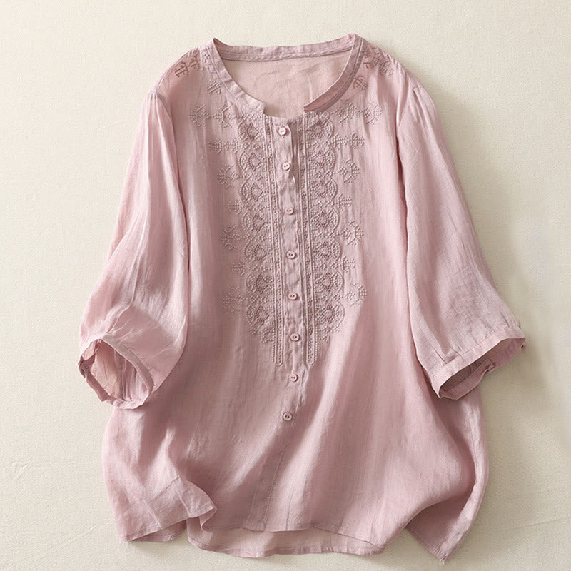 Buddha Stonesの対称刺繍コットンリネンレディース半袖シャツ - ピンク - US8-10，UK/AU12-14，EU40-42 (2XL) - image 7