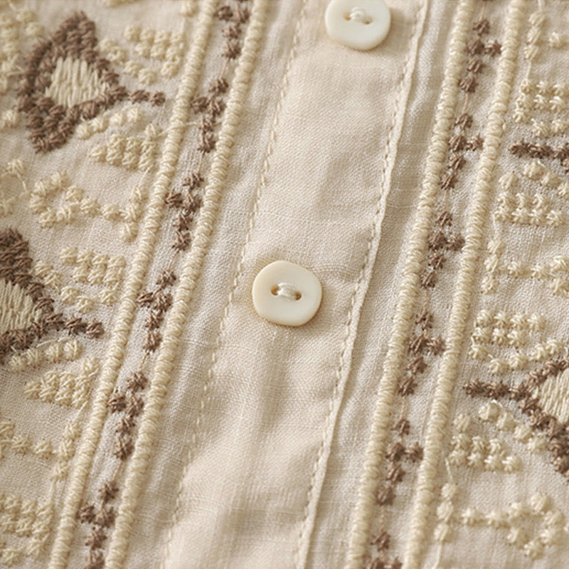 Buddha Stonesの対称刺繍コットンリネンレディース半袖シャツ - image 26