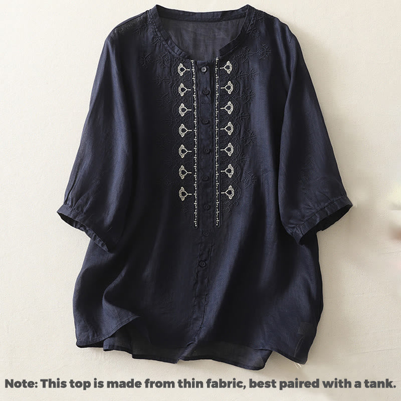 Buddha Stonesの対称刺繍コットンリネンレディース半袖シャツ - image 2
