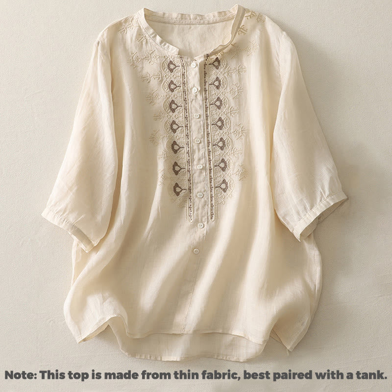 Buddha Stonesの対称刺繍コットンリネンレディース半袖シャツ - image 19