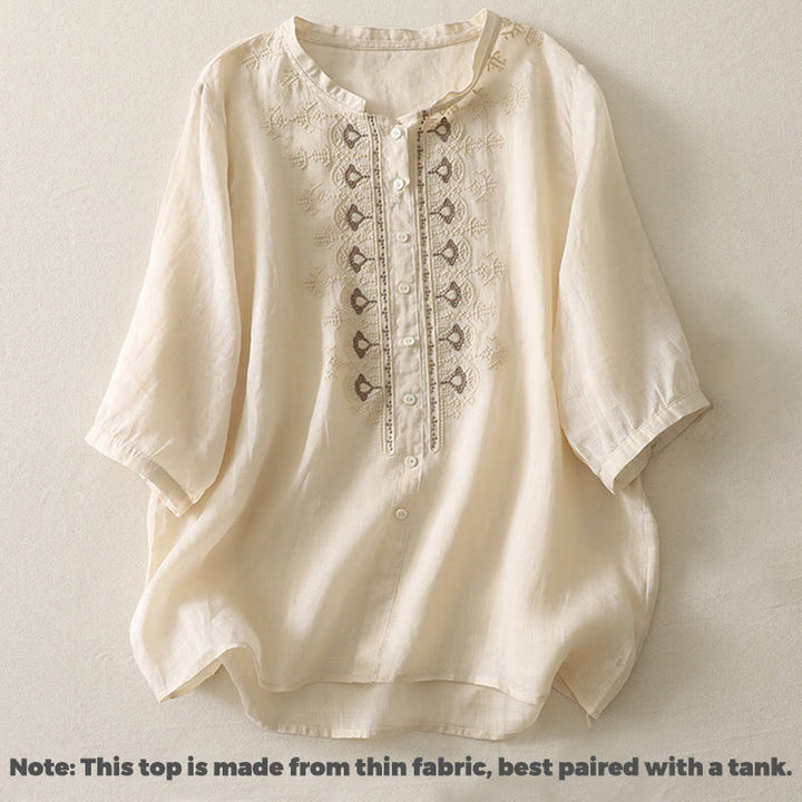 Buddha Stonesの対称刺繍コットンリネンレディース半袖シャツ - image 19