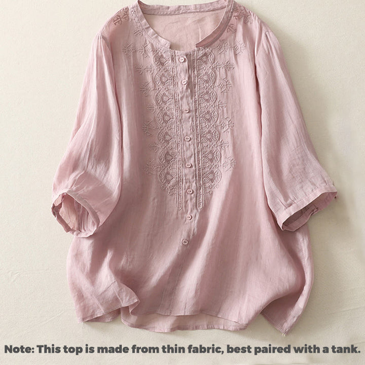 Buddha Stonesの対称刺繍コットンリネンレディース半袖シャツ - image 8