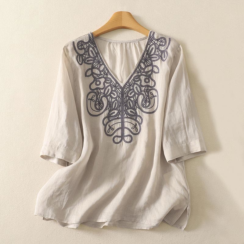 Buddha Stones刺繍入りVネックカジュアルレディースコットンリネン半袖Tシャツ - ベージュ - US14、 UK/AU18、 EU46 (2XL) - image 1