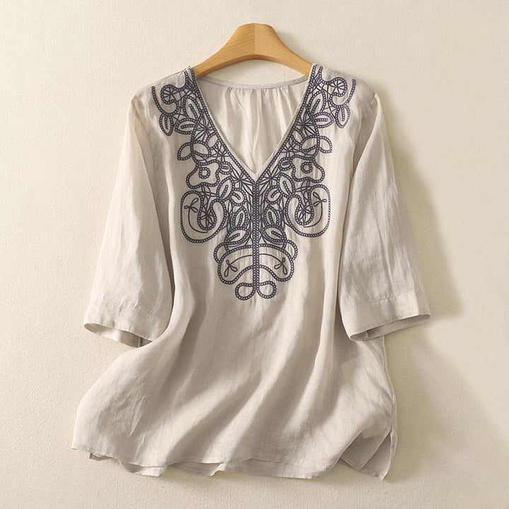 Buddha Stones刺繍入りVネックカジュアルレディースコットンリネン半袖Tシャツ - ベージュ - US14、 UK/AU18、 EU46 (2XL) - image 1