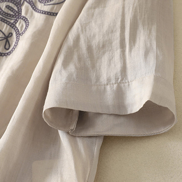 Buddha Stones刺繍入りVネックカジュアルレディースコットンリネン半袖Tシャツ - image 5