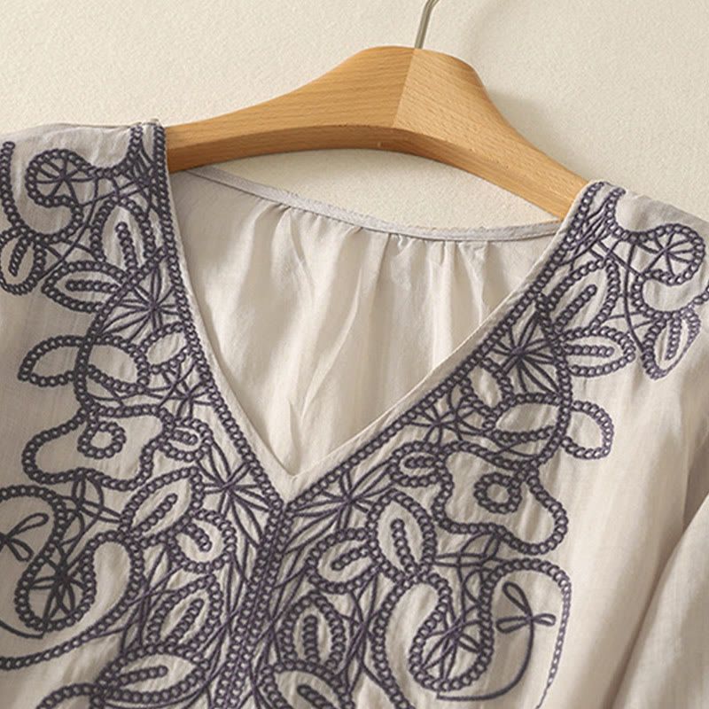 Buddha Stones刺繍入りVネックカジュアルレディースコットンリネン半袖Tシャツ - image 2