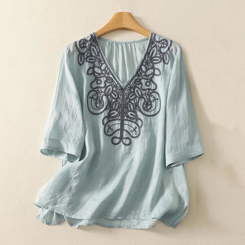Buddha Stones刺繍入りVネックカジュアルレディースコットンリネン半袖Tシャツ - ペールターコイズ - US14、 UK/AU18、 EU46 (2XL) - image 7