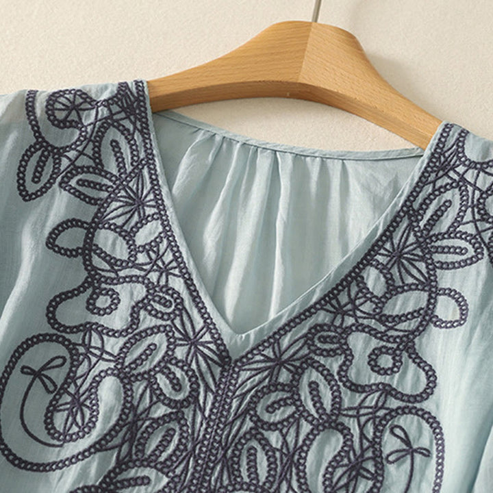 Buddha Stones刺繍入りVネックカジュアルレディースコットンリネン半袖Tシャツ - image 9