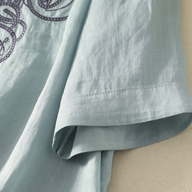 Buddha Stones刺繍入りVネックカジュアルレディースコットンリネン半袖Tシャツ - image 11